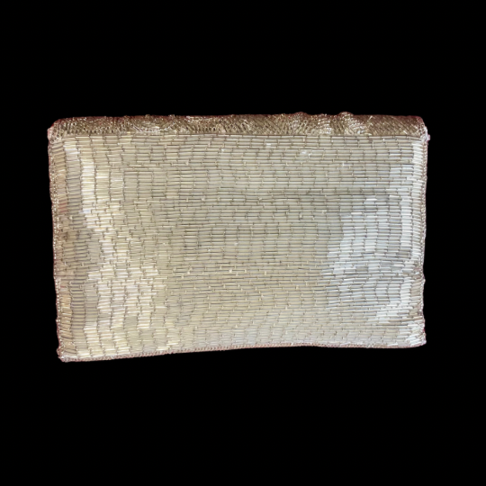 Vintage 60’s/70’s Silver Beaded Ivory Satin Evening Bag with Woven Cotton Shoulder Strap