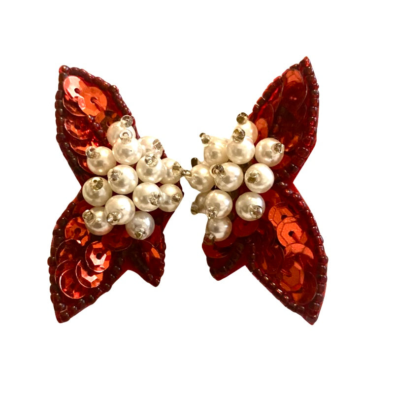 Red Sequin Pearl Beads Butterfly Wing Clip On Earrings