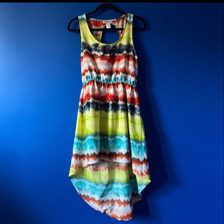 Hi-Low Lime Green/Turquoise/Orange Watercolor Striped Dress (M)