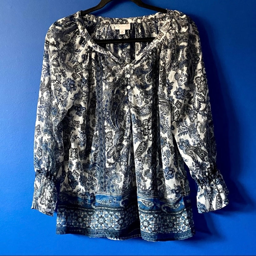 Sheer Blue and White Paisley Print Peasant Blouse (M)