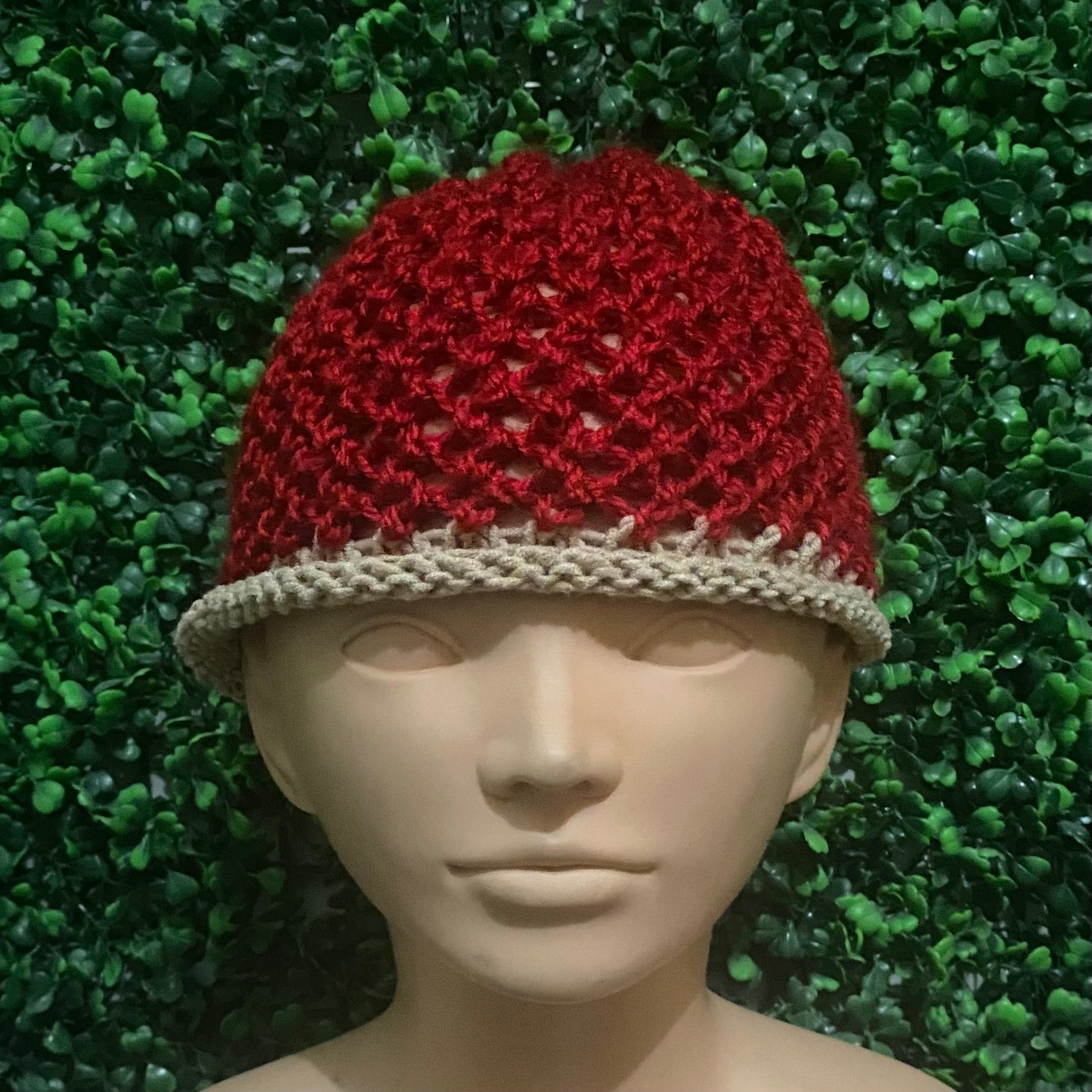 Cherry Red/ Tan Knit Mesh Skull Cap/ Beanie (M/L)
