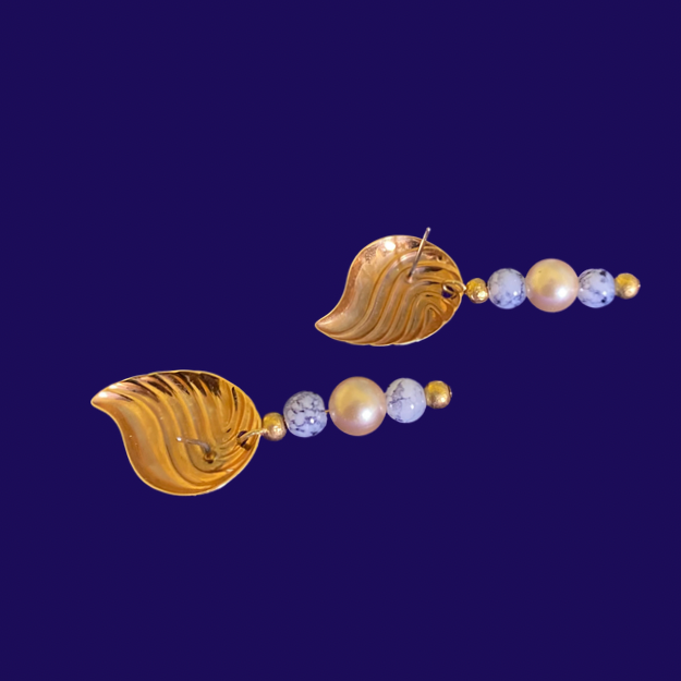 Attina | Upcycled Vintage Gold Shell Mock Pearl Beaded Drop Stud Earrings