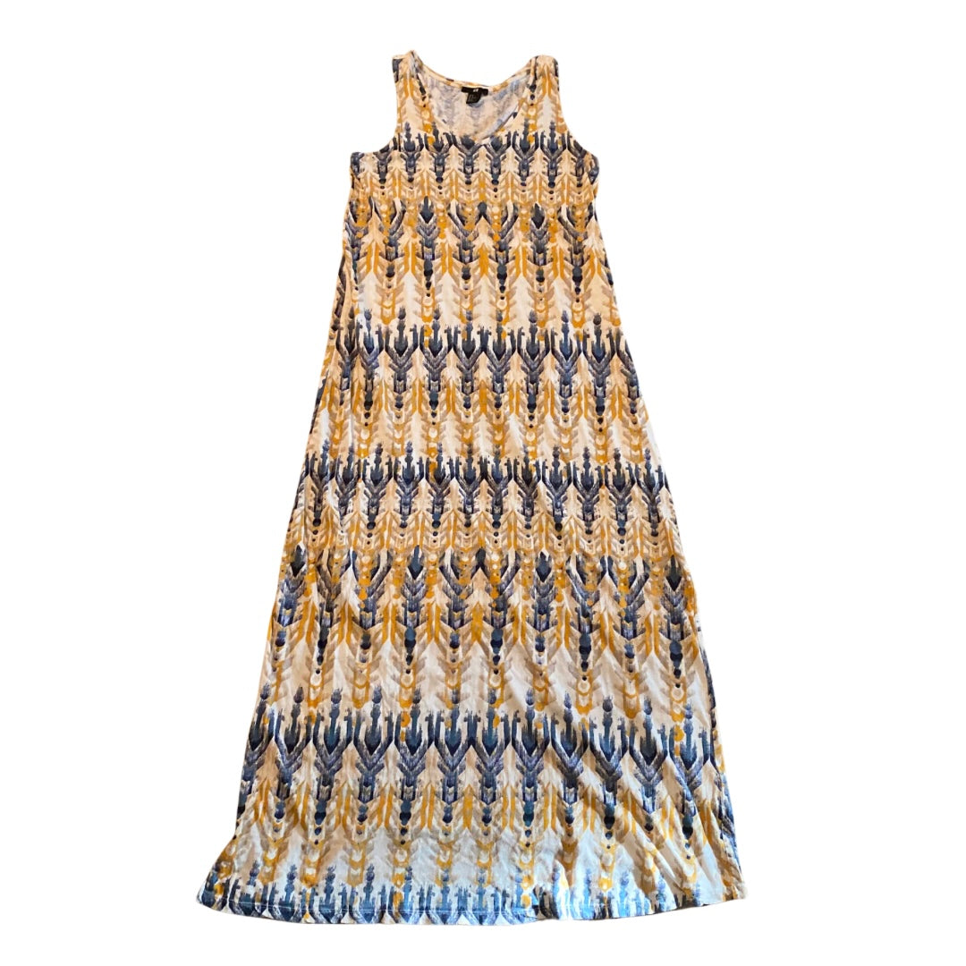 Sleeveless Yellow, Cream, & Blue Dyed Print Cotton Maxi Dress (M)