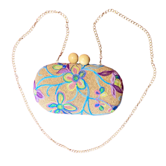 Floral Embroidered Cork Oval Clutch/ Crossbody Bag with Removable Gold Chain Strap