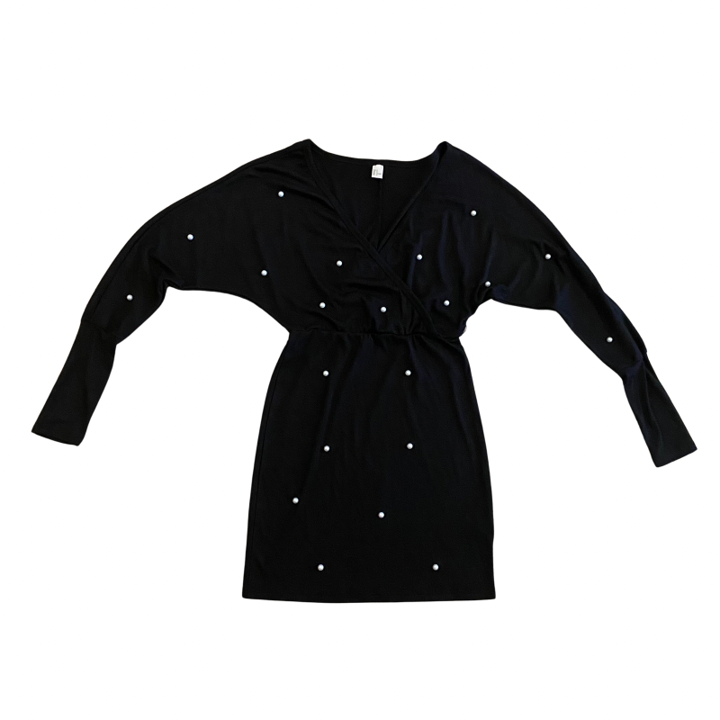 š V-Neck Black Pearl Embellished Dress (S)