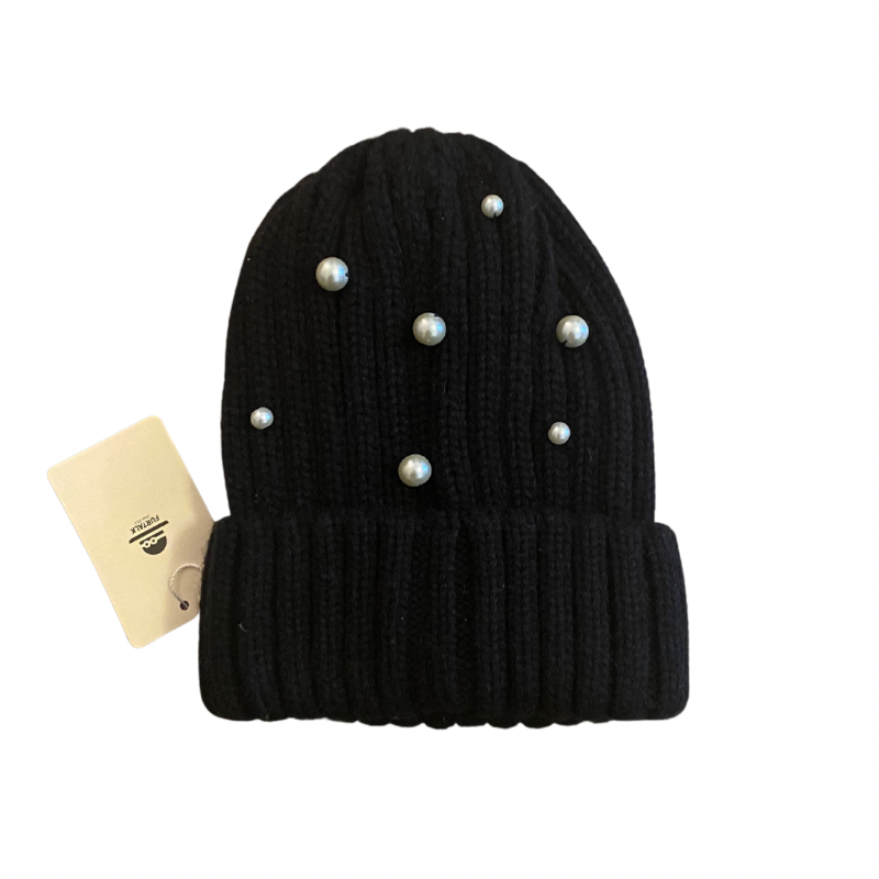 đź”” Upcycled Pearl-Studded Black Knit Beanie