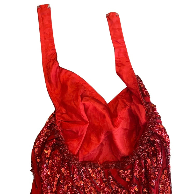 Vintage Handmade 100% Silk Red Bead Sequin Embroidered Halter Top Gown (XXS/XS)