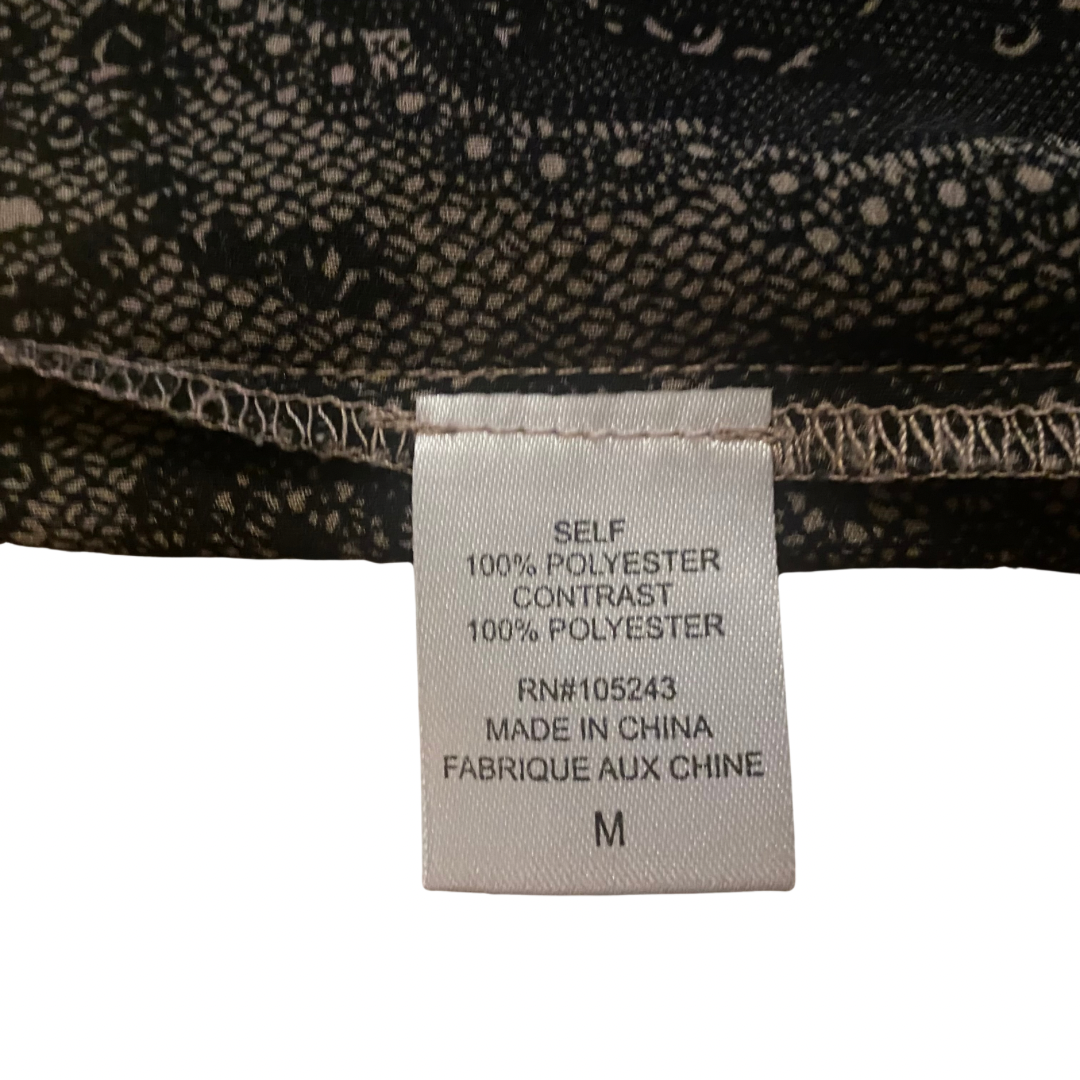 Sheer Light Brown and Black Lace Pattern V-Neck Hi-Low Short Sleeve Blouse (M/L)