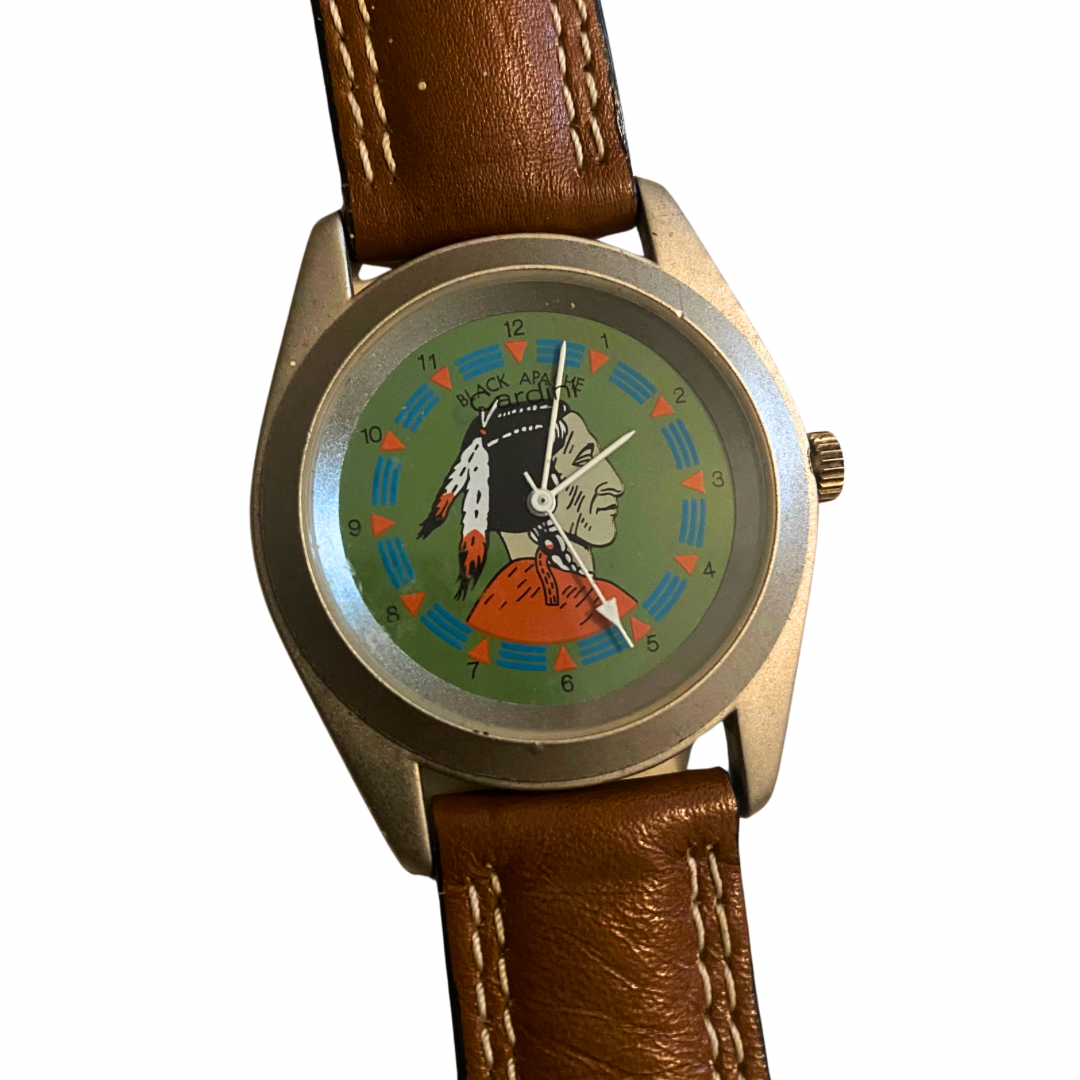 Vintage Black Apache Chief Mahogany Brown Leather Band Analogue Wristwatch