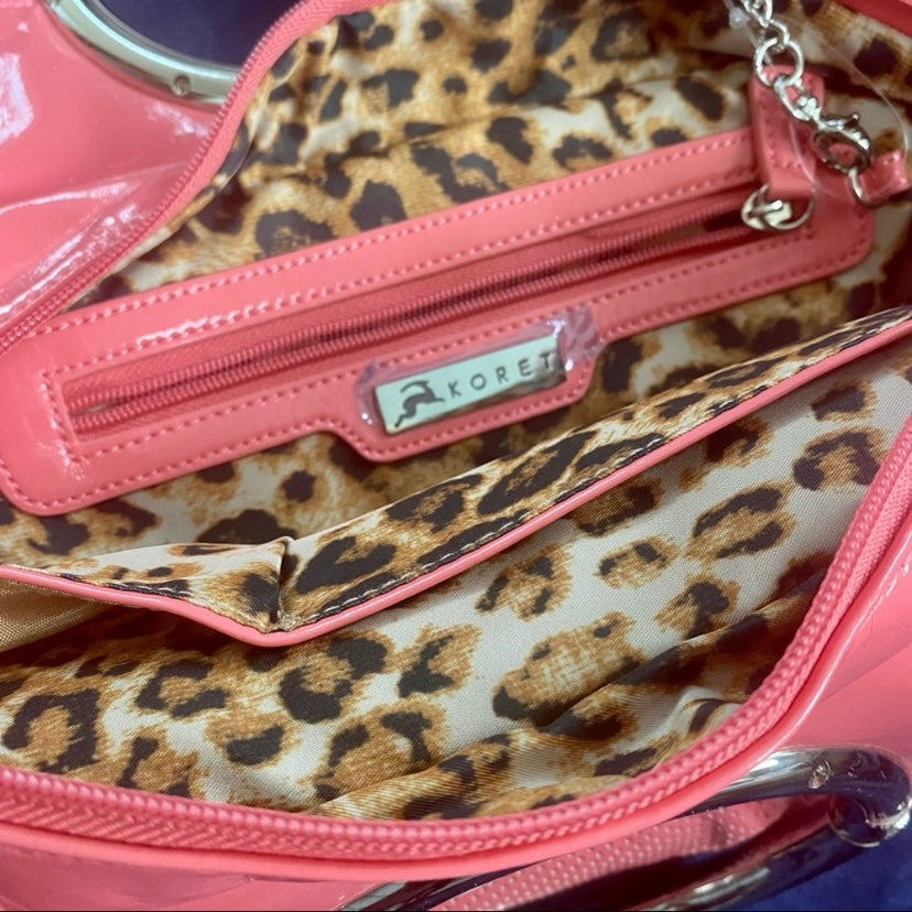 NWOT Coral Pink Faux Leather Tortoiseshell Handle Handbag with Leopard Print Lining, Removable Strap, Mirror