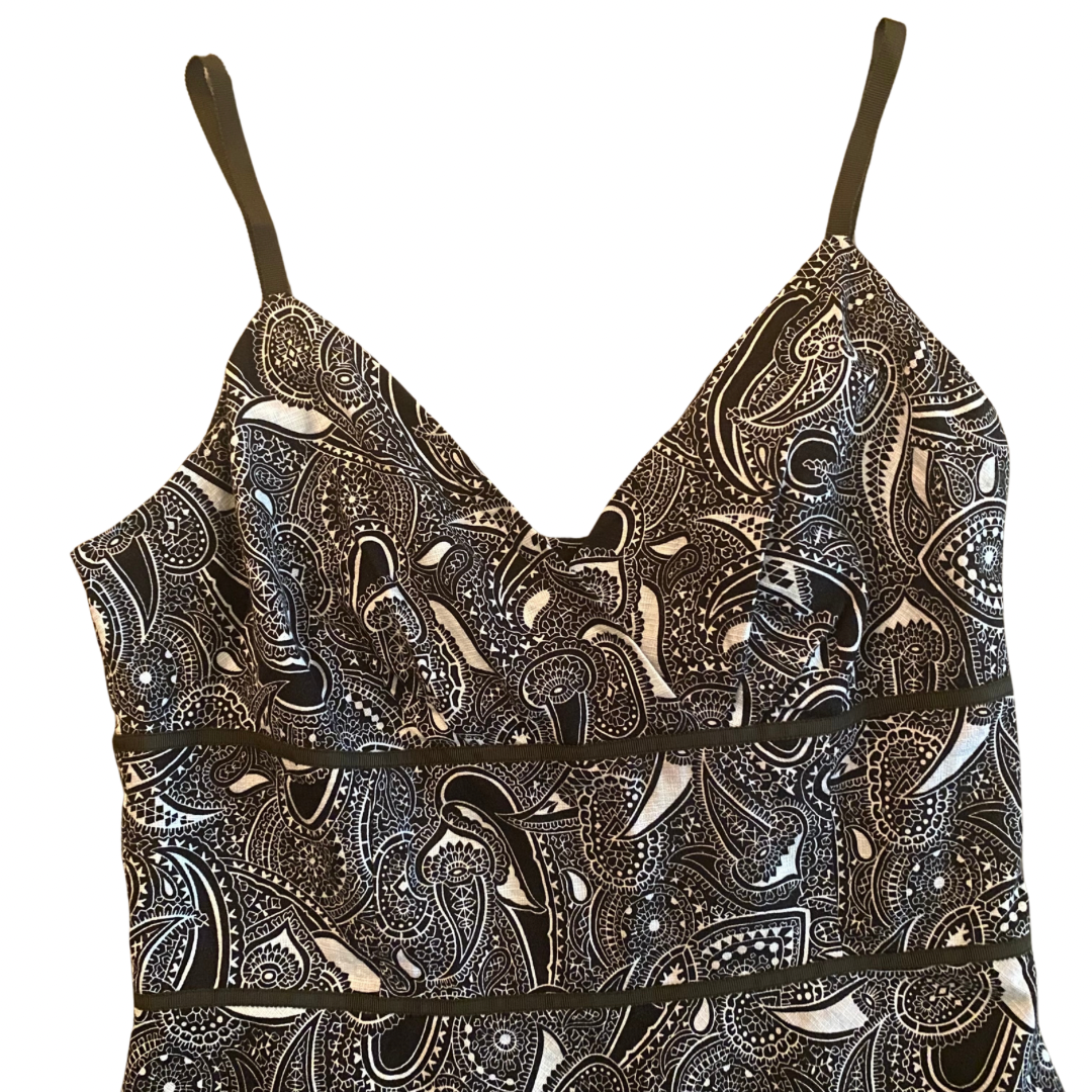 Dark Chocolate Brown & White Paisley Cotton A-Line Spaghetti Strap Dress (8P)
