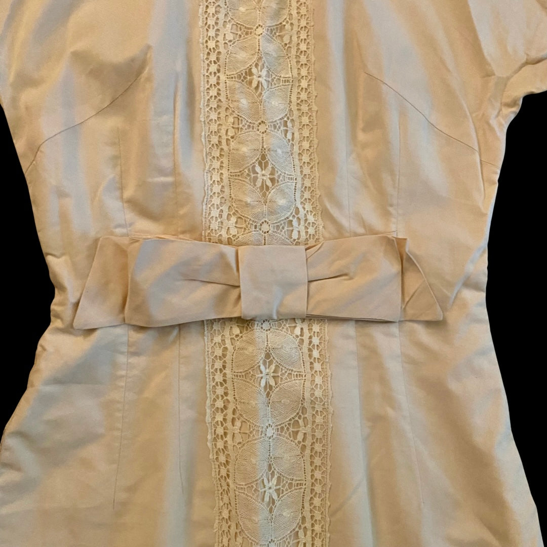 Vintage Beige and White Lace Panel Wiggle Dress with Bow (S)