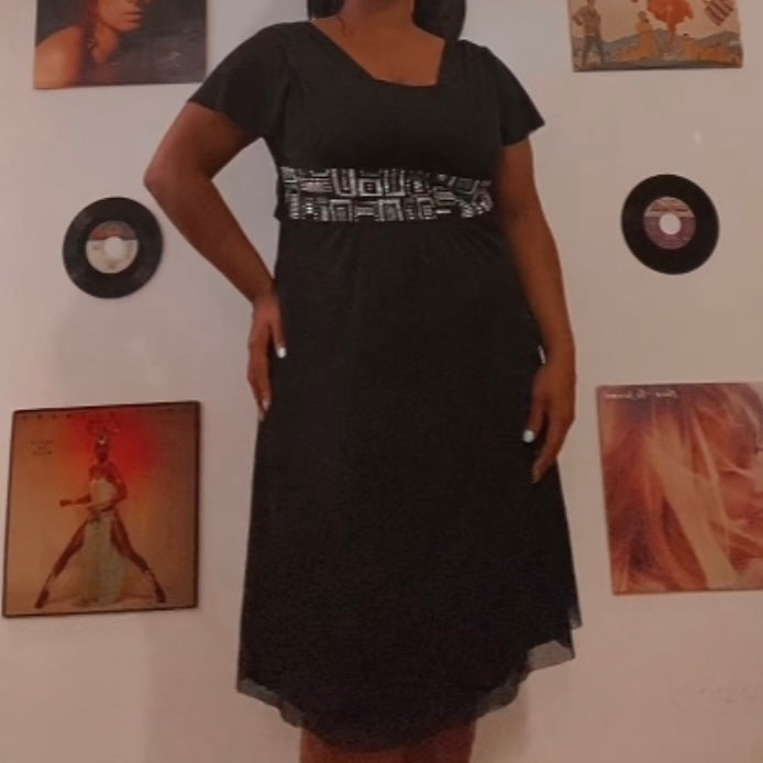 90’s Black & Silver Rhinestone Studded Empire Waist Dress (L)