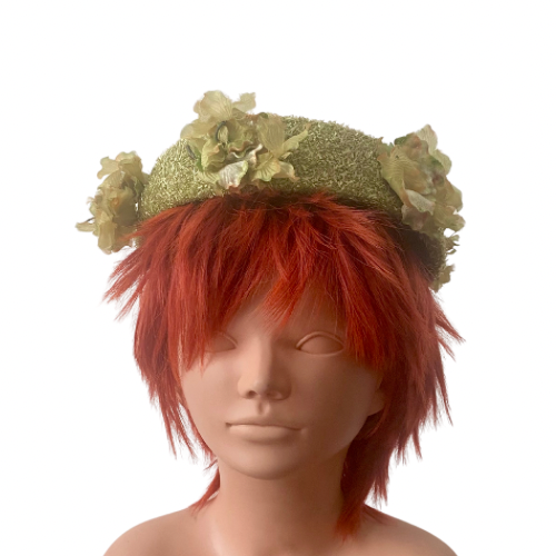 Vintage Textured Chartreuse Grassy Green Flower Pillbox Hat
