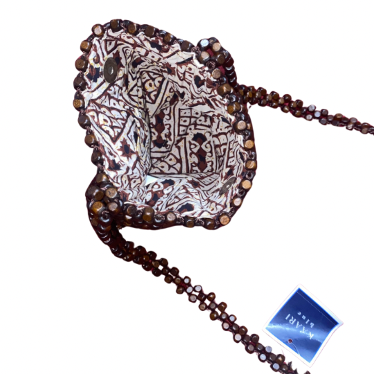 New With Tags - Brown Wood Beaded Square Shoulder Bag