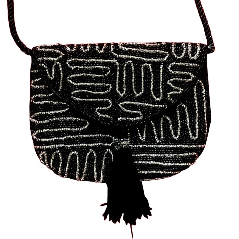 Vintage Black/Silver Micro-beaded Evening Crossbody Bag