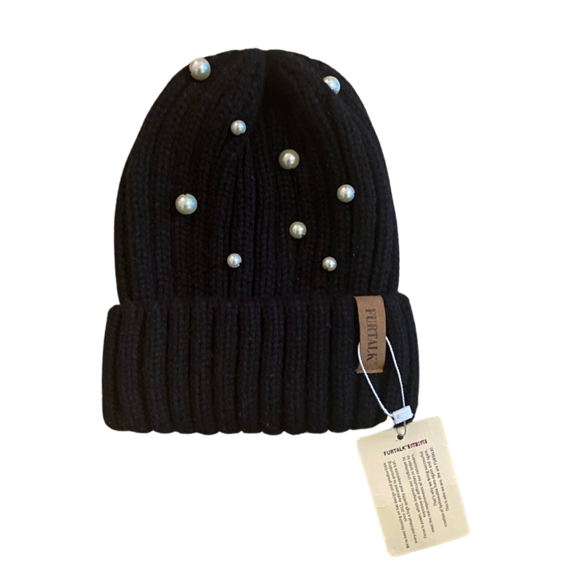 đź”” Upcycled Pearl-Studded Black Knit Beanie
