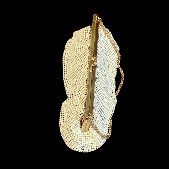 Vintage Small 60’s/70’s Pearly White Acrylic Mesh/ Brass Metal Frame Evening Bag