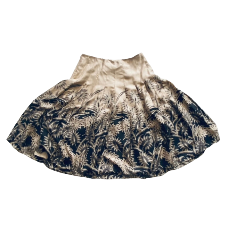 100% Silk Black & Tan Foliage-Patterned Circle Skirt (10)