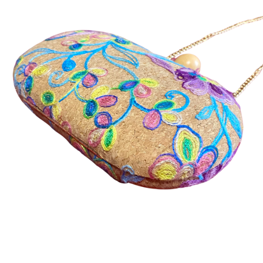 Floral Embroidered Cork Oval Clutch/ Crossbody Bag with Removable Gold Chain Strap