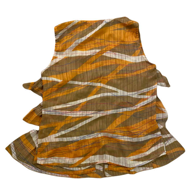 Abstract Orange/Taupe/White Striped Ruffle-Tiered Sleeveless Top (M)