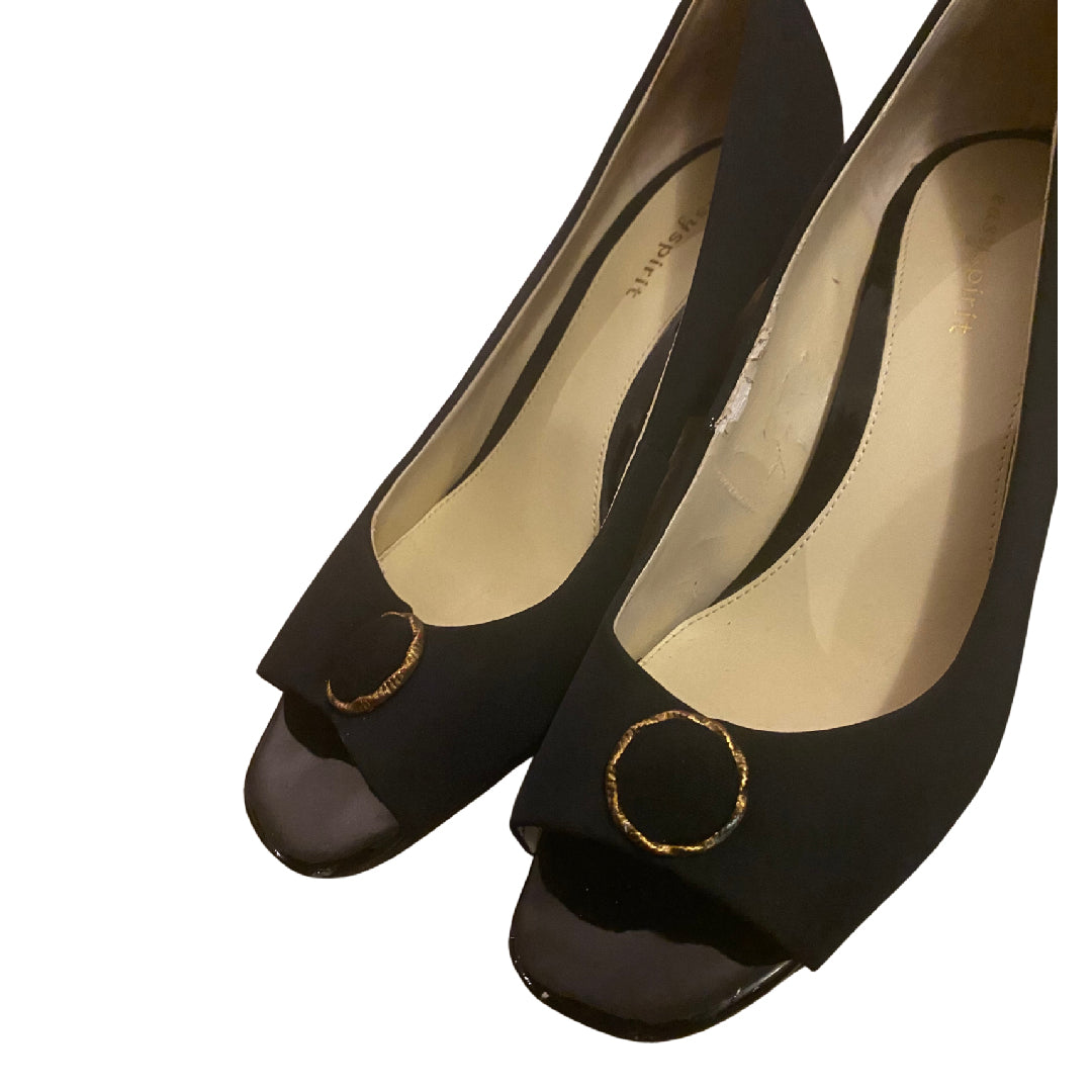 Upcycled Vintage Black/Gold Velvet Button Peep-Toe Kitten Heels (8)