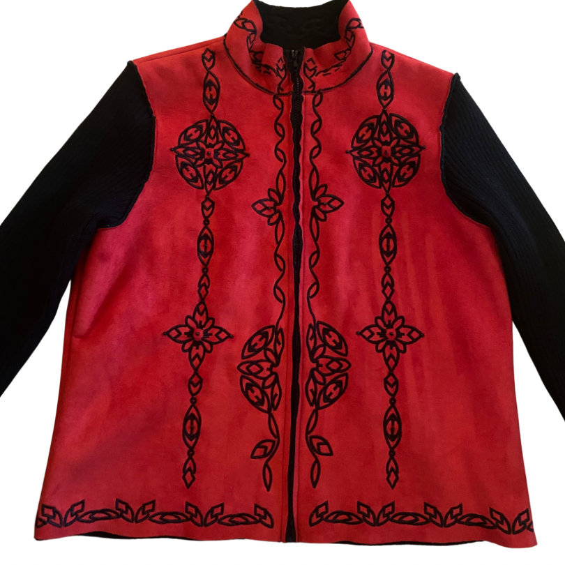 NWT Y2K Coldwater Creek Crimson & Black Embroidered Fleece Jacket (XL)