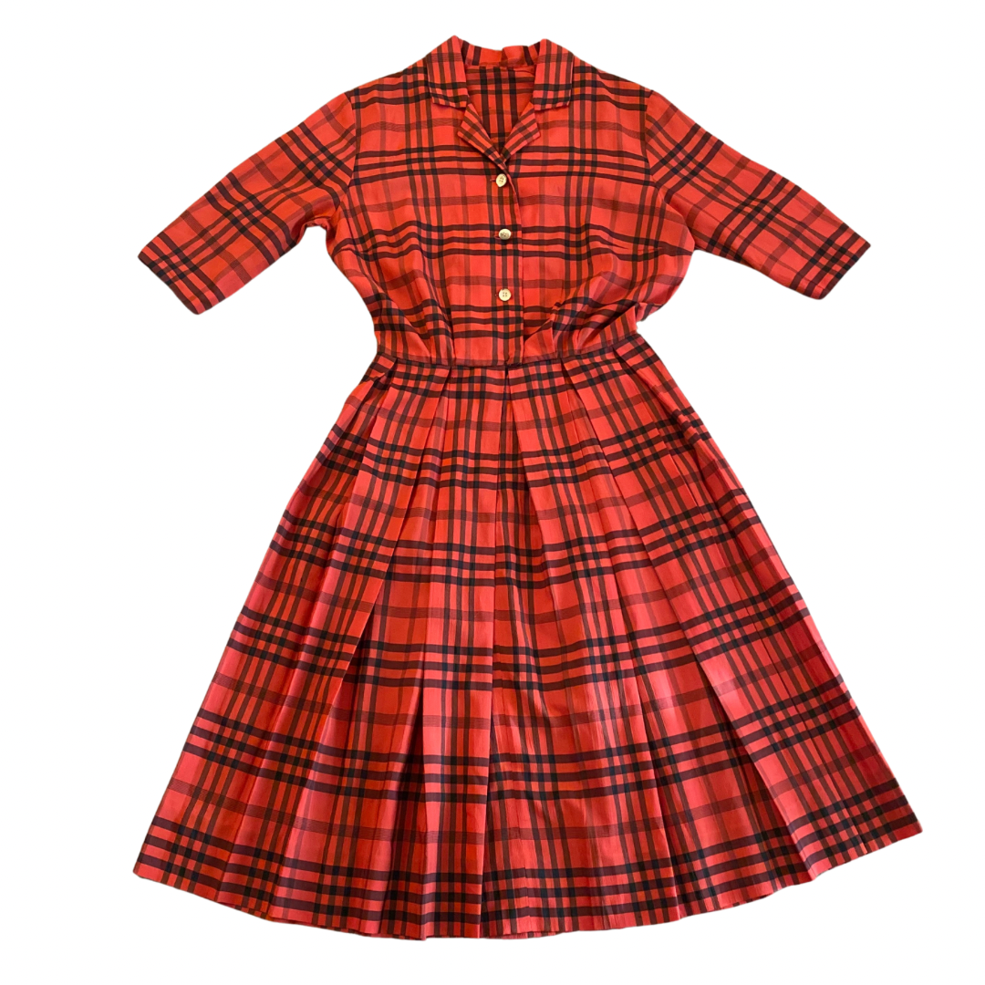 Vintage Red and Black Plaid Button-Down Dress (XS)