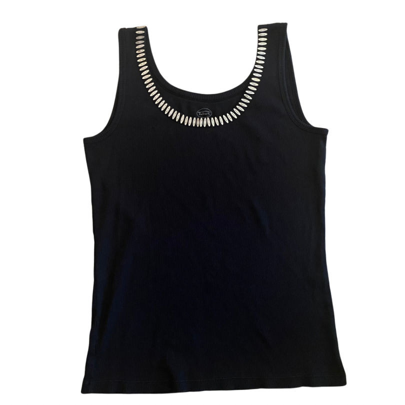 Y2K Embellished Silver & Black Ribbed Cotton Tank Top (S)