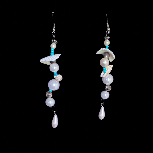 Aquata | White/ Multi Shell Mock Pearl & Turquoise Beaded Dangle Earrings