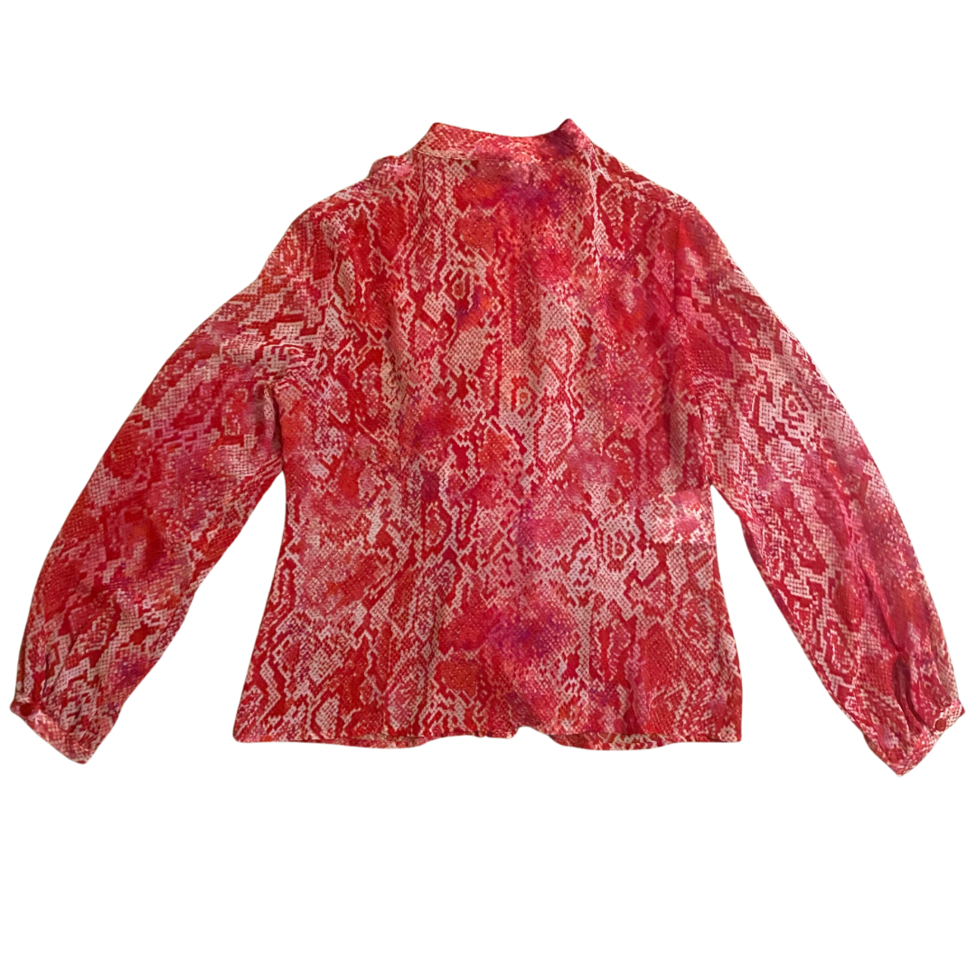 Sheer Pink Snakeskin Pattern Ruffle Button-Down Blouse (8P)