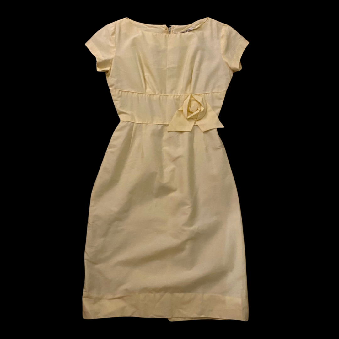 1960’s Pastel Yellow Rose Wiggle Dress (S)