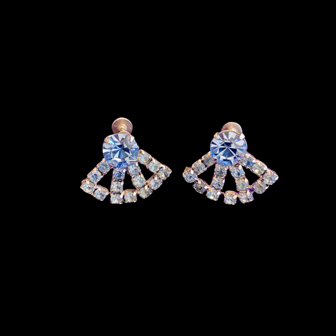 Vintage Silver & Blue Rhinestone Studded Fan Earrings