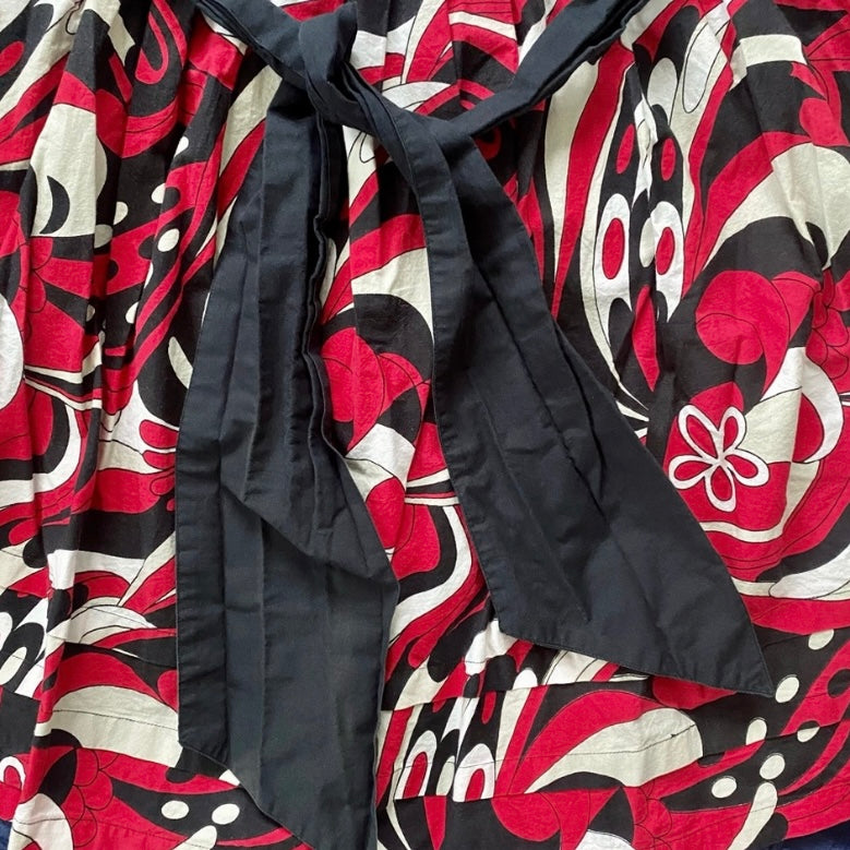 🔔 100% Cotton Red/ Black/White Retro Groovy Floral Circle Midi Skirt w/ Sash (L)