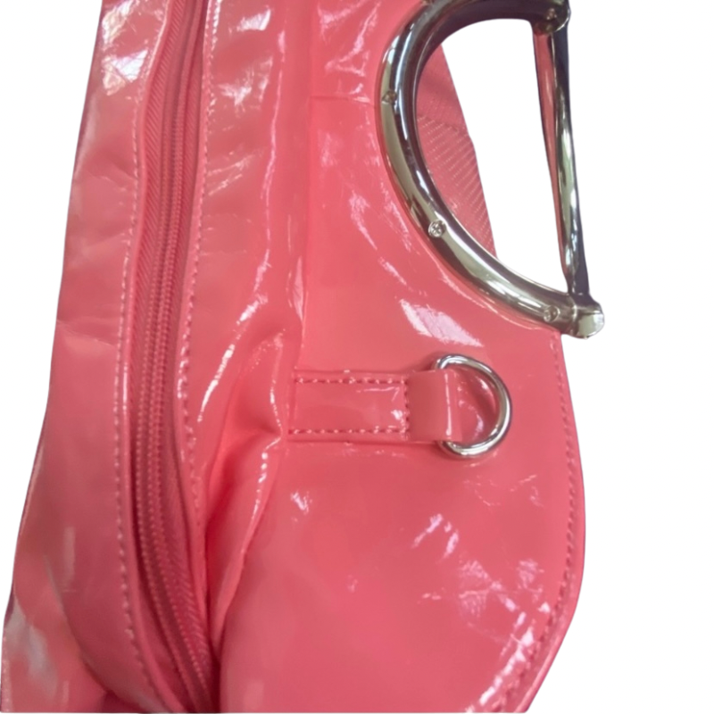 NWOT Coral Pink Faux Leather Tortoiseshell Handle Handbag with Leopard Print Lining, Removable Strap, Mirror