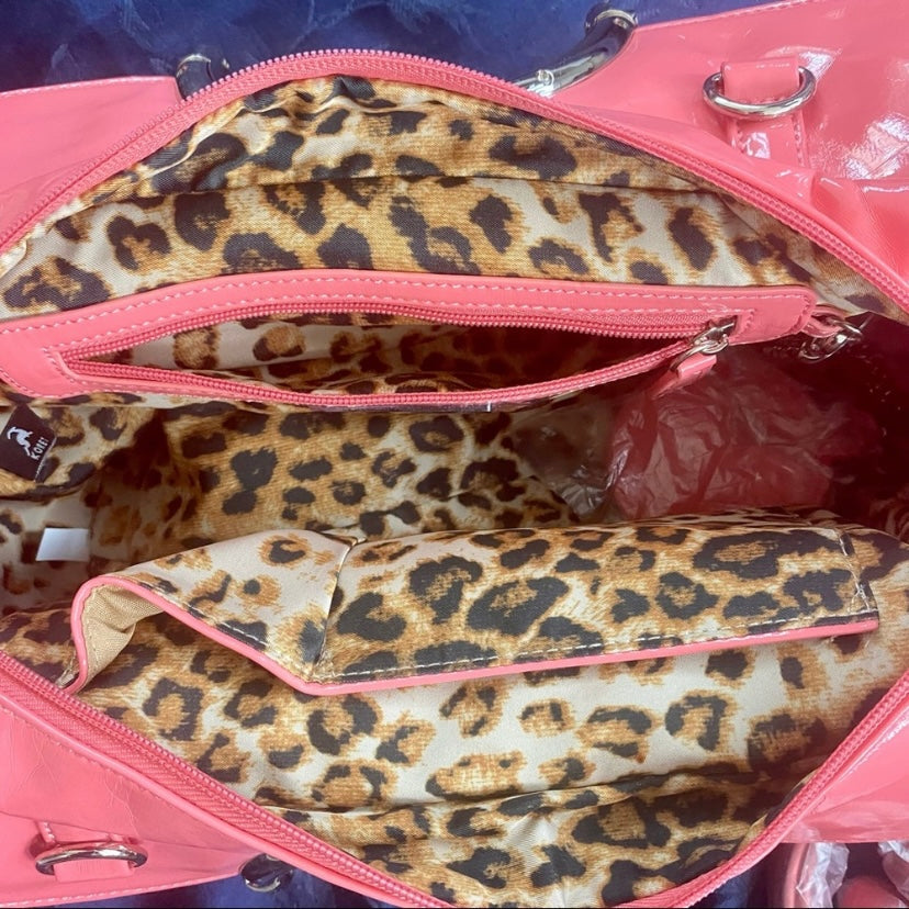 NWOT Coral Pink Faux Leather Tortoiseshell Handle Handbag with Leopard Print Lining, Removable Strap, Mirror