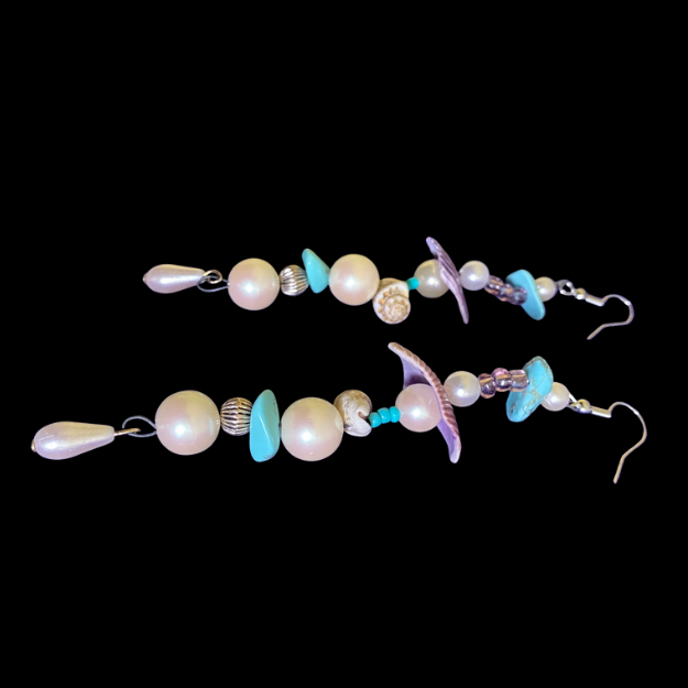 Alana | Purple/ Multi Shell Mock Pearl Beaded Wavy Dangle Earrings