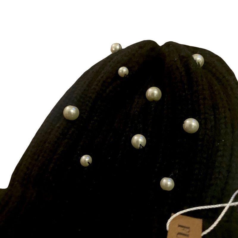 đź”” Upcycled Pearl-Studded Black Knit Beanie