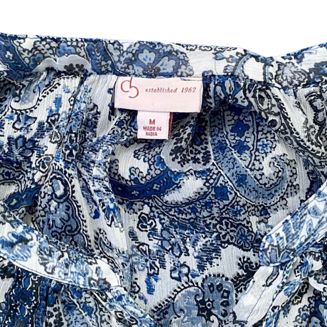 Sheer Blue and White Paisley Print Peasant Blouse (M)