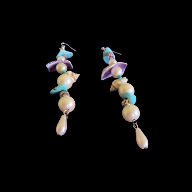 Alana | Purple/ Multi Shell Mock Pearl Beaded Wavy Dangle Earrings