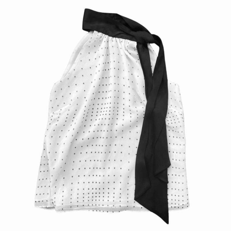 60’s Mod Black & White Polka Dot Sleeveless Bow Collar Blouse (M)