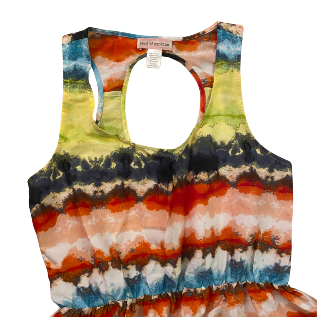 Hi-Low Lime Green/Turquoise/Orange Watercolor Striped Dress (M)