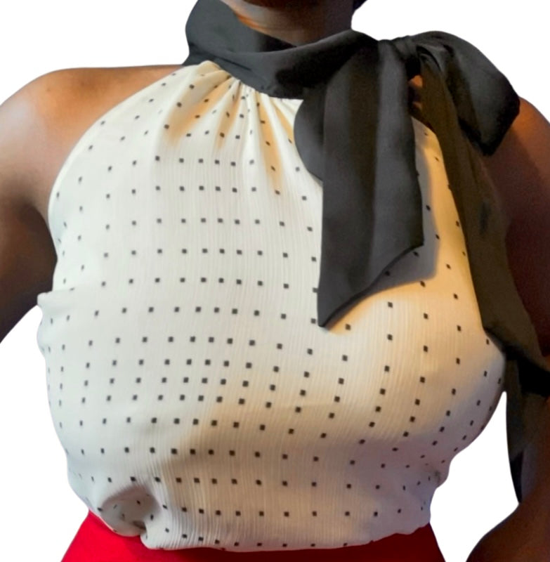 60’s Mod Black & White Polka Dot Sleeveless Bow Collar Blouse (M)
