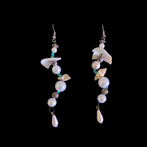 Aquata | White/ Multi Shell Mock Pearl & Turquoise Beaded Dangle Earrings