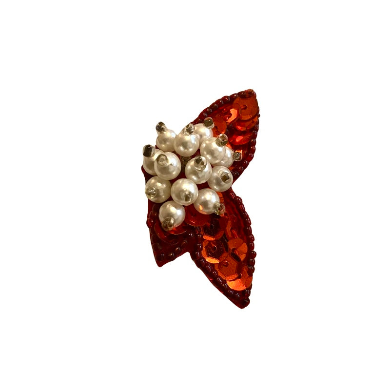 Red Sequin Pearl Beads Butterfly Wing Clip On Earrings