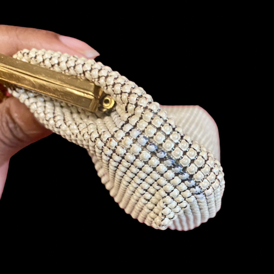Vintage Small 60’s/70’s Pearly White Acrylic Mesh/ Brass Metal Frame Evening Bag
