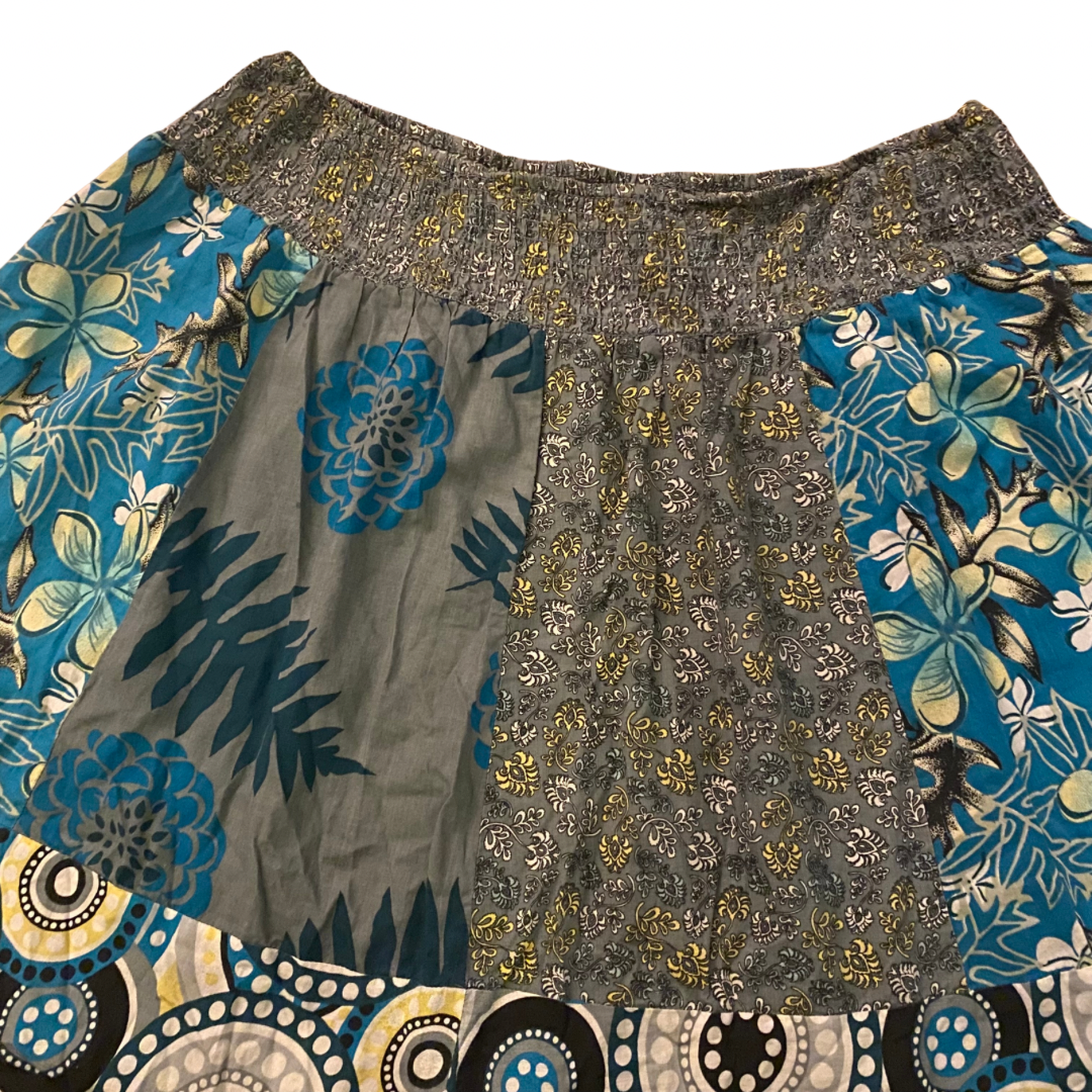 Vintage Blue/Slate Grey/ Yellow Patchwork Cotton Skirt (M-L)