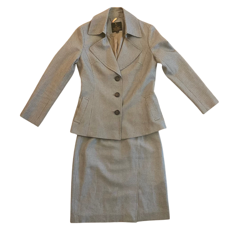 Vintage Green/Brown/White Houndstooth Print Button Down Skirt Suit (Small/Medium)
