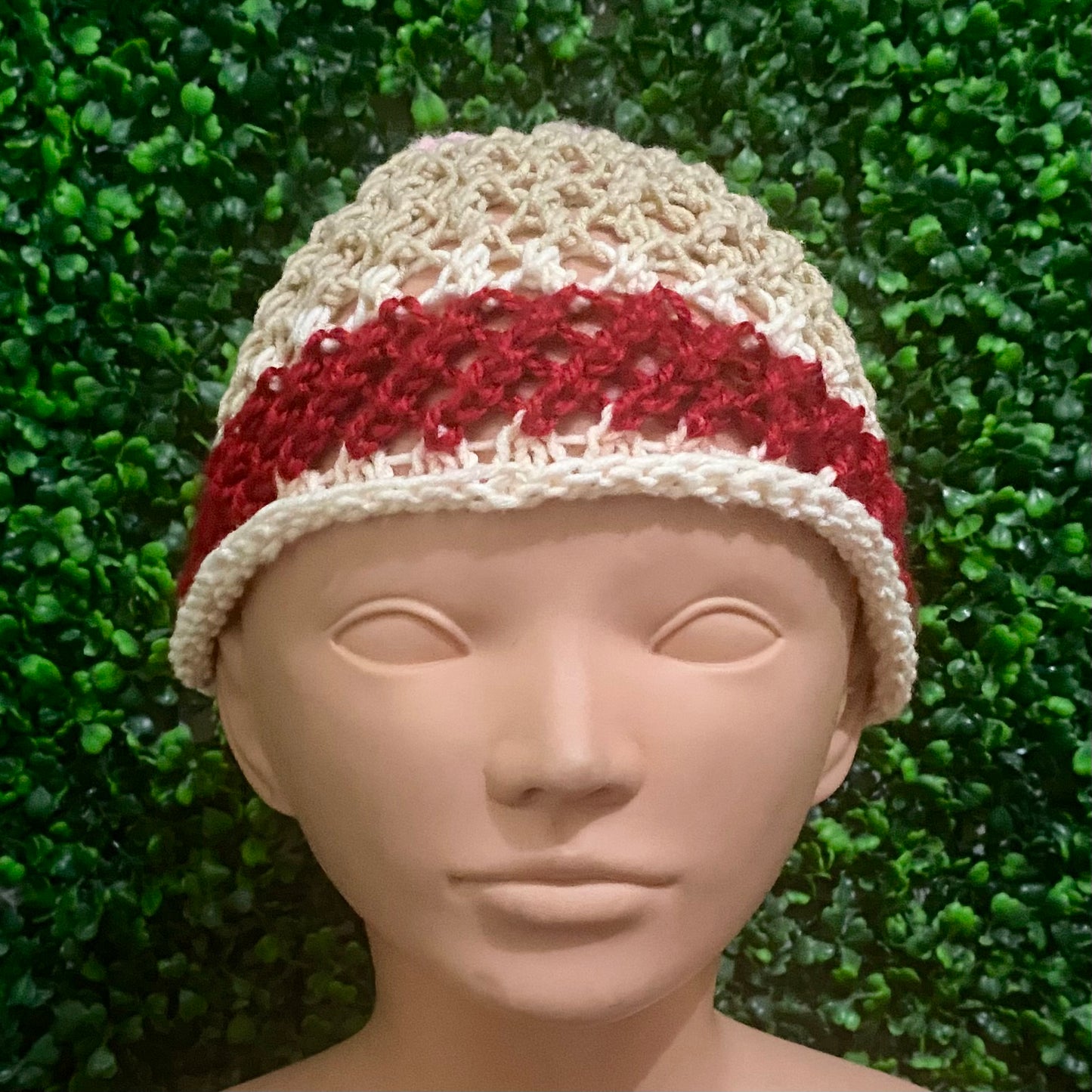 Pink/Tan/Red/Cream Colorblock Retro Style Knit Mesh Skull Cap (S/M)