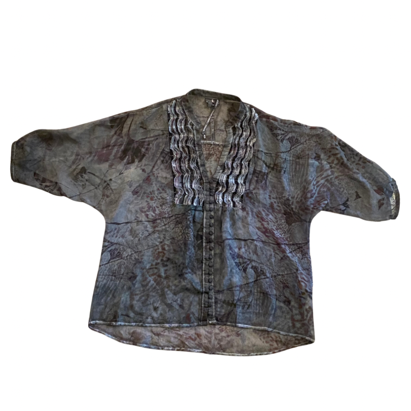 Sheer Grey/Purple Abstract Print Blouse (L)